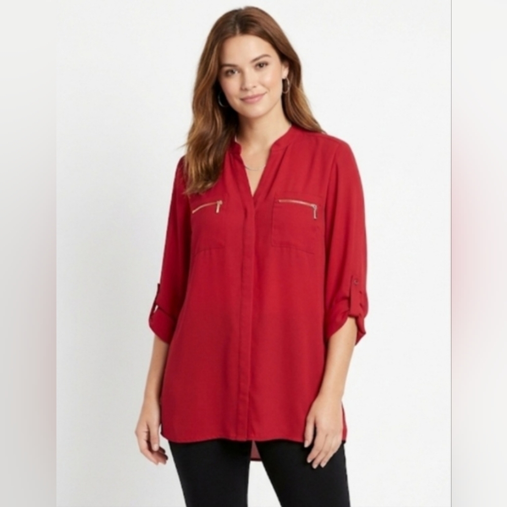 Charlotte Russe Red Roll-Tab Sleeve Blouse with Zipper Pockets - Size L